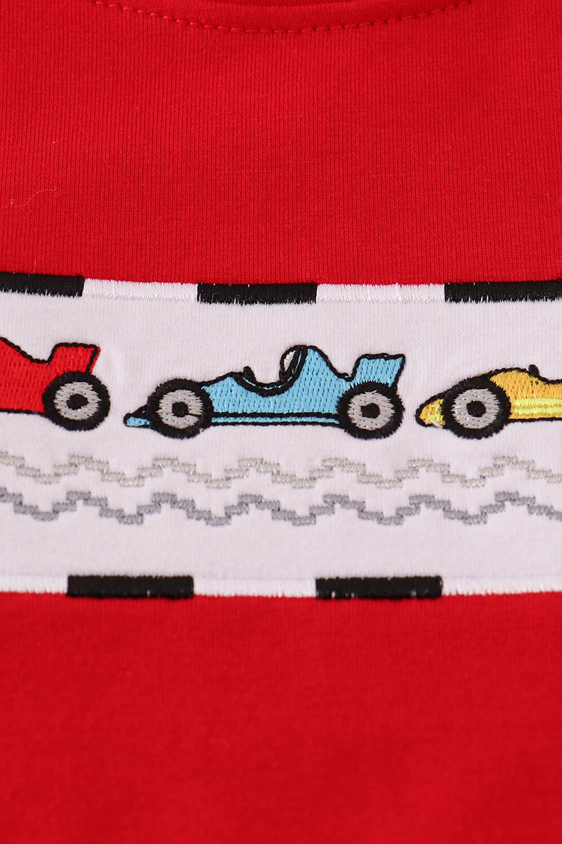 Red racing car embroidery checkered shorts set