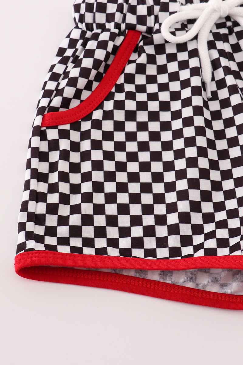 Red racing car embroidery checkered shorts set