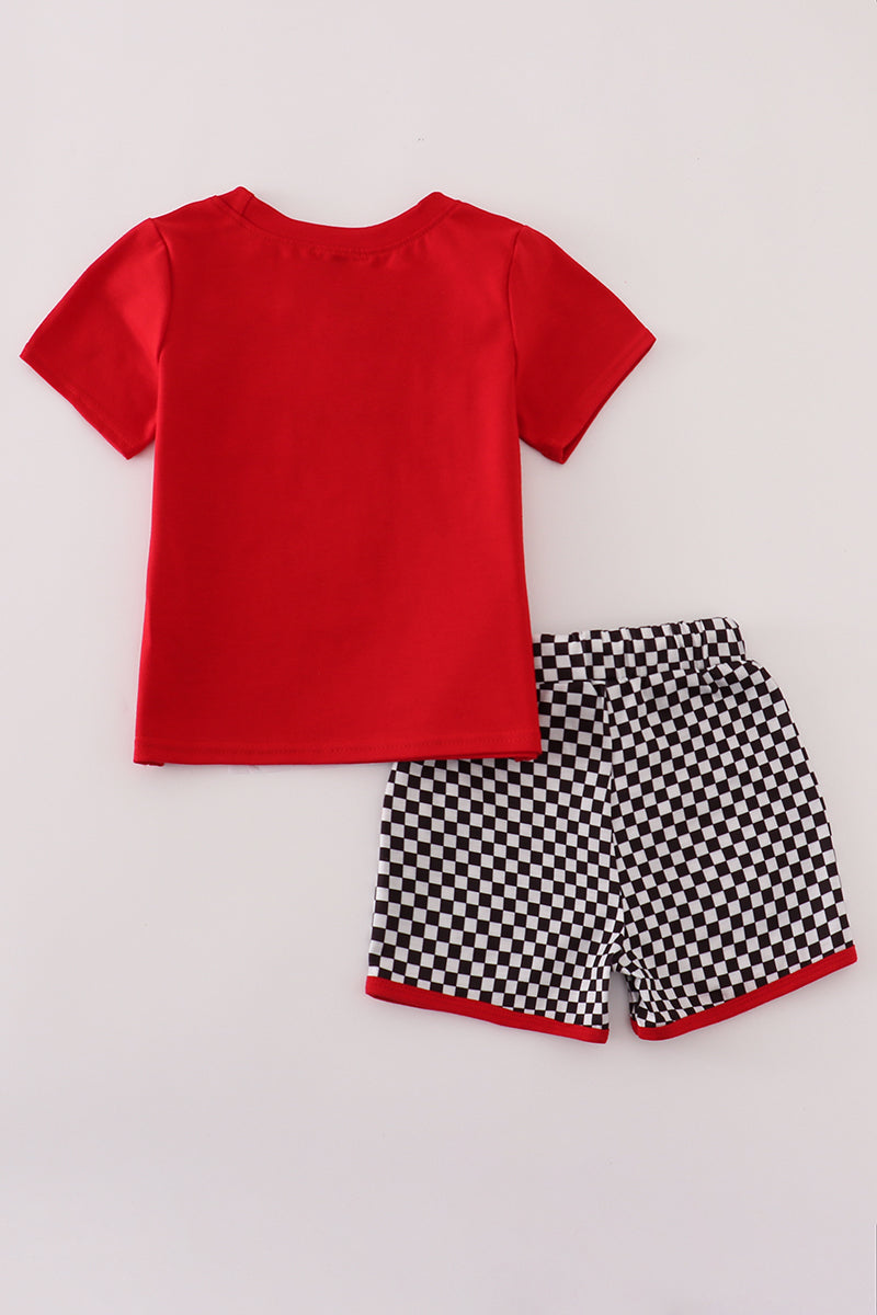 Red racing car embroidery checkered shorts set