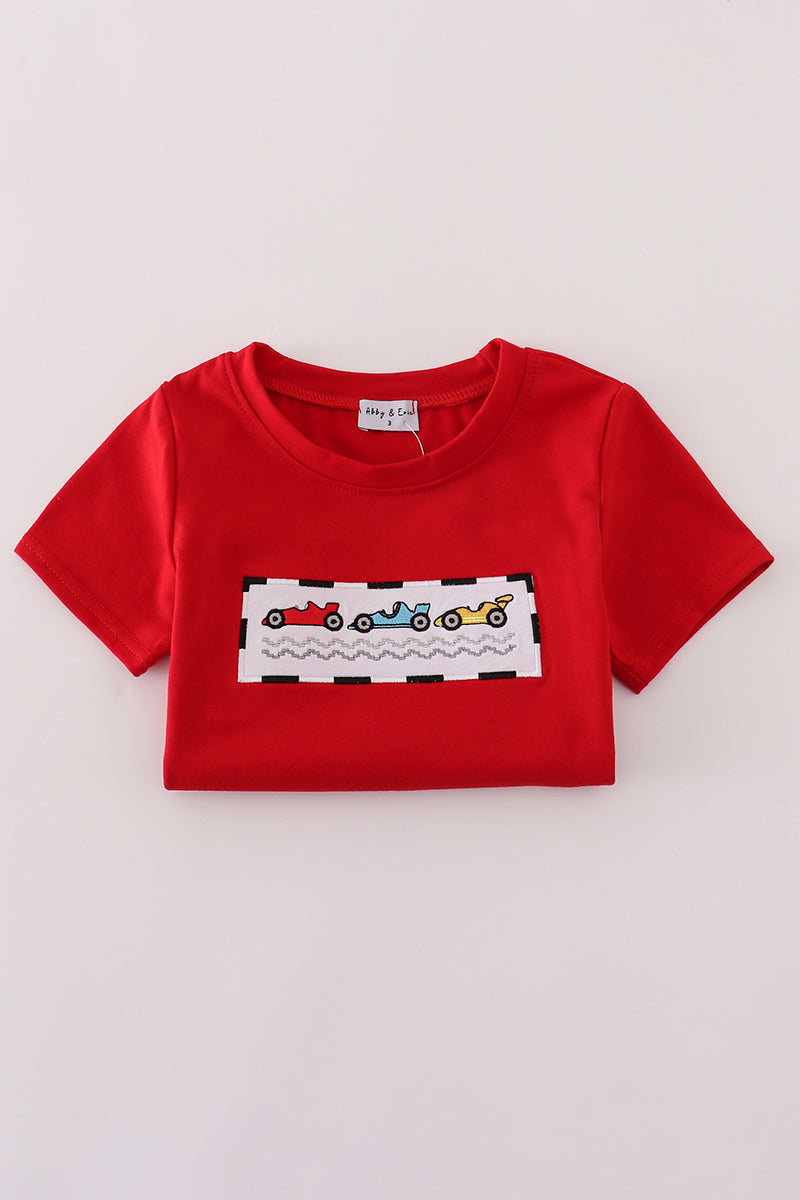 Red racing car embroidery checkered shorts set