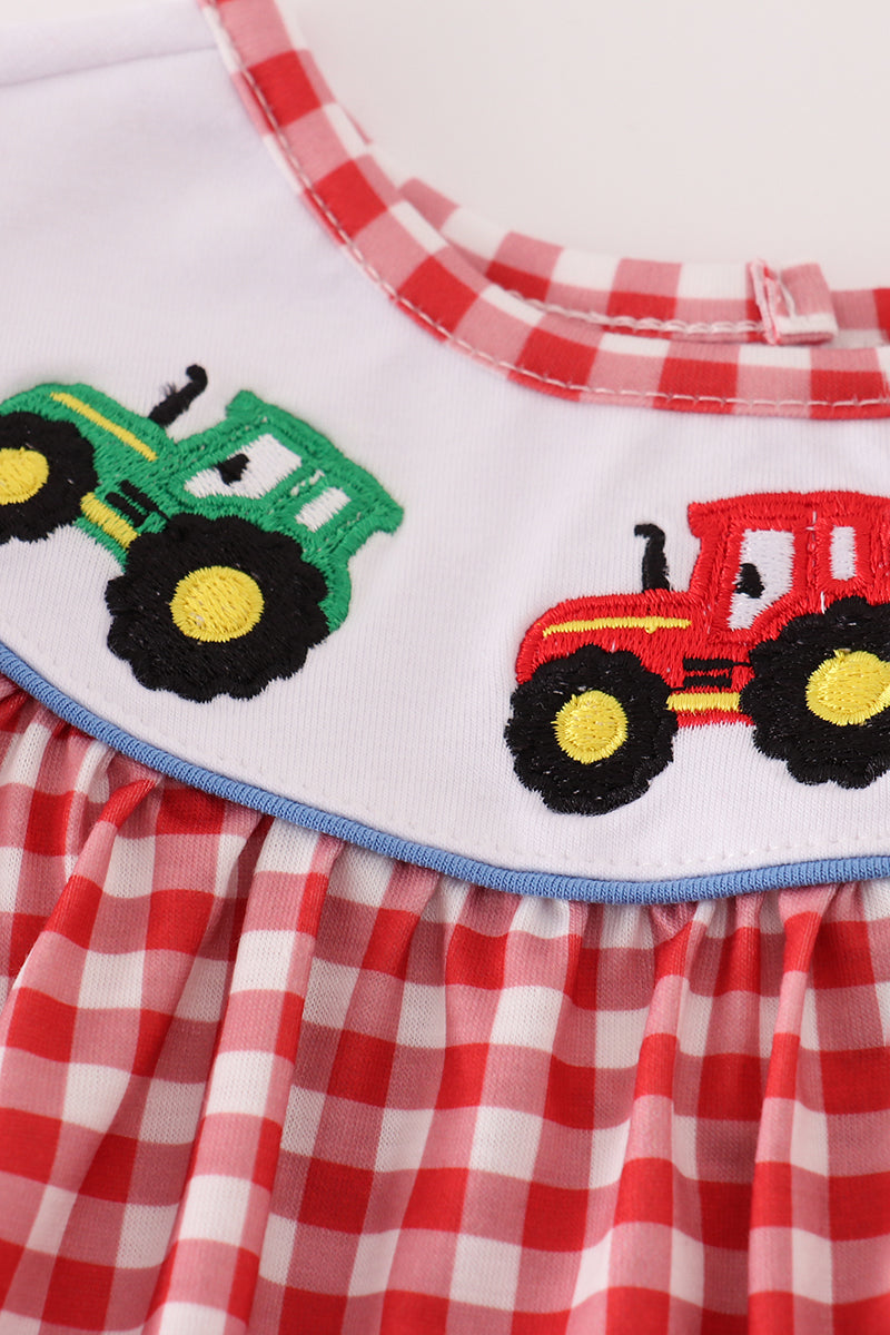 Red tractor embroidery gingham bubble