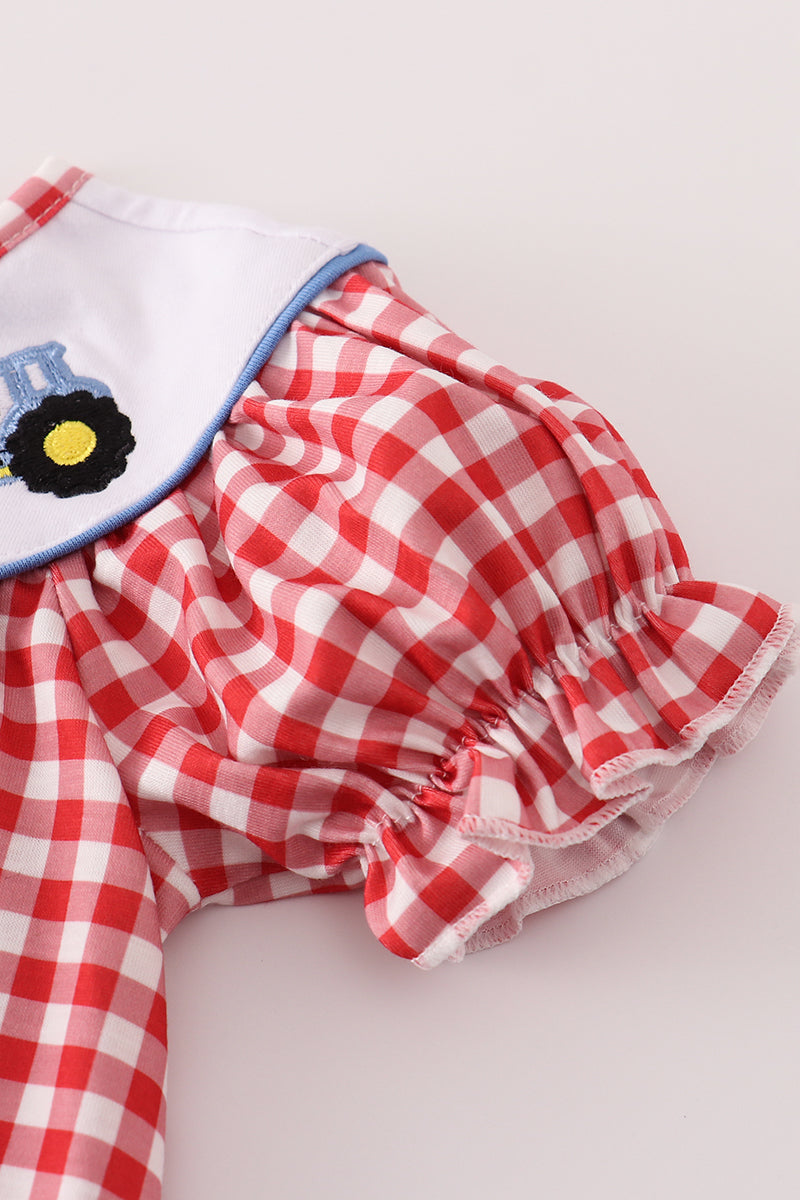 Red tractor embroidery gingham bubble