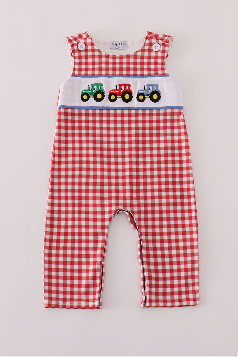 Red tractor embroidery gingham jonjon