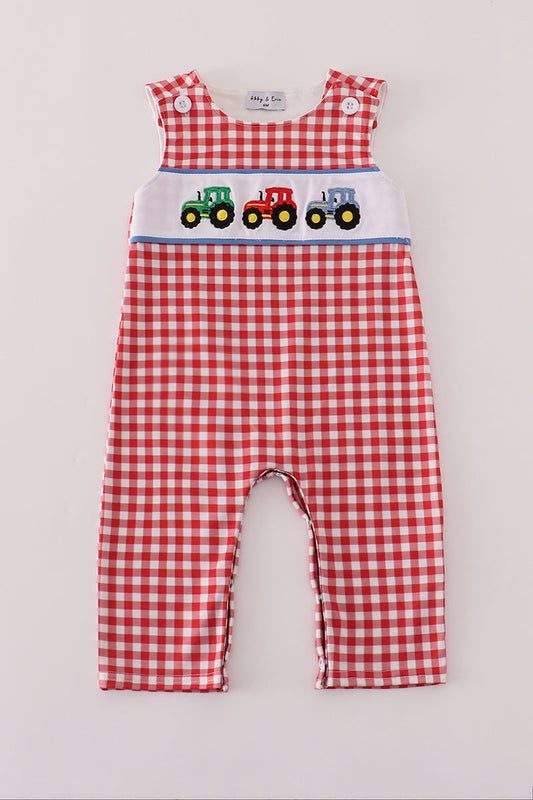 Red tractor embroidery gingham jonjon