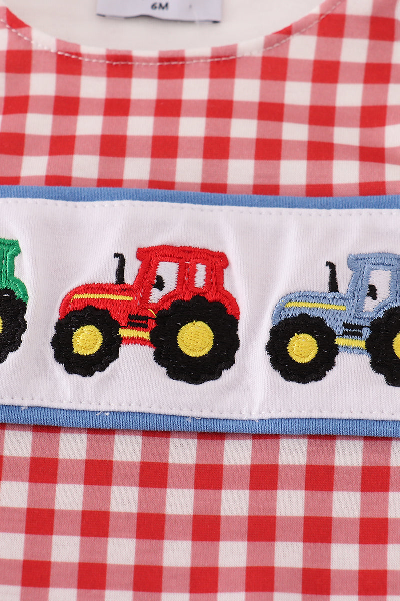 Red tractor embroidery gingham jonjon
