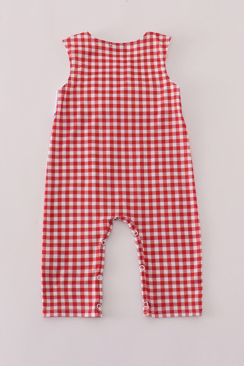 Red tractor embroidery gingham jonjon