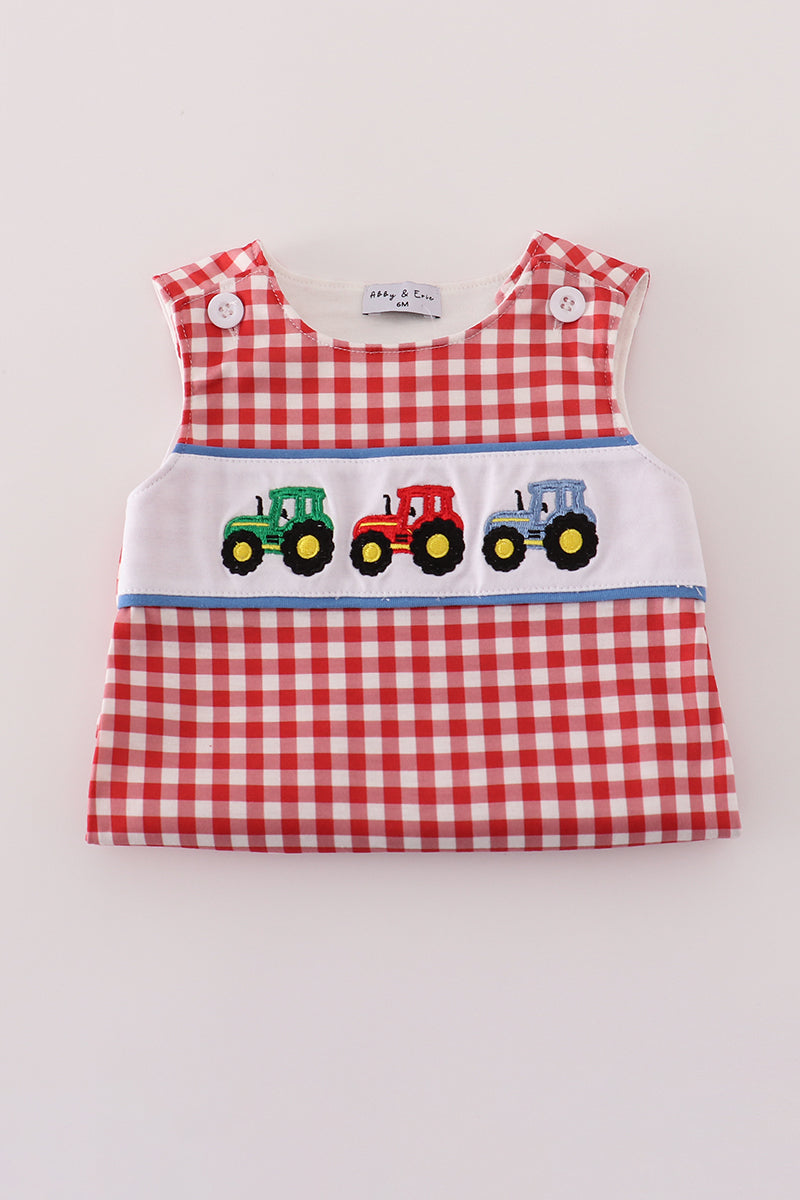 Red tractor embroidery gingham jonjon