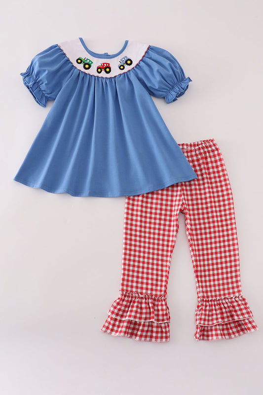 Blue tractor embroidery ruffle pants set
