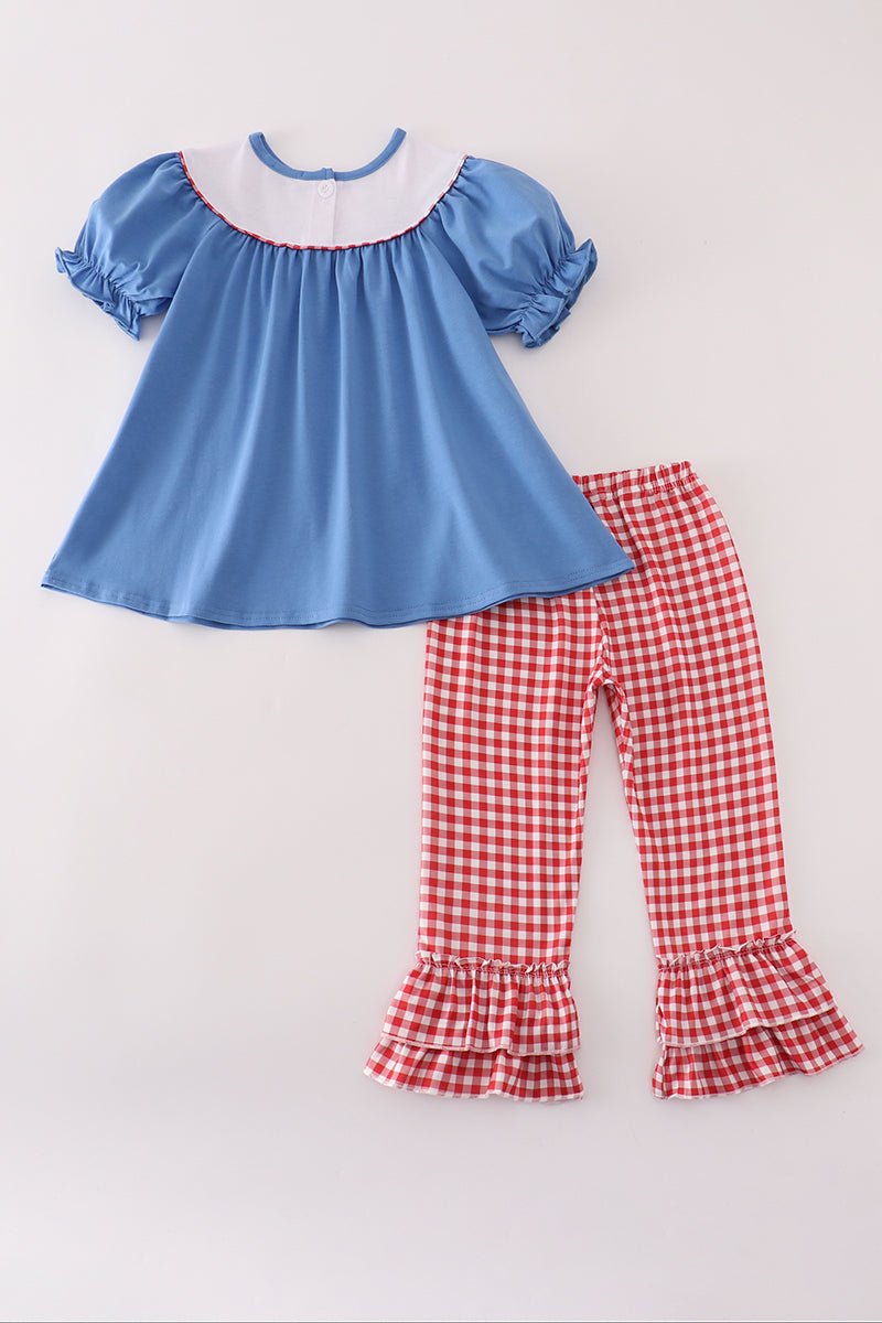 Blue tractor embroidery ruffle pants set