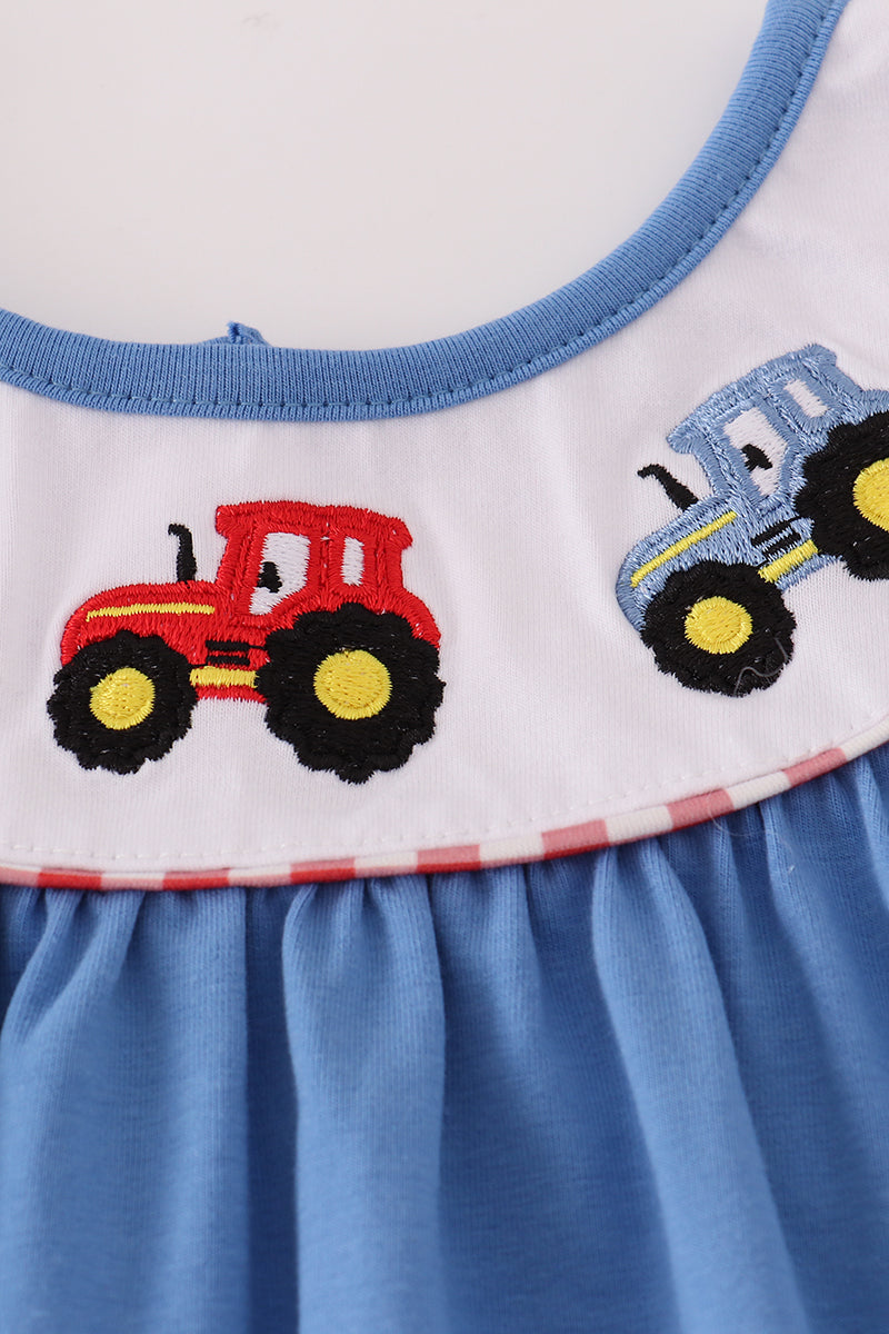 Blue tractor embroidery ruffle pants set