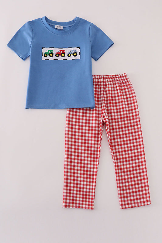 Blue tractor embroidery gingham pants set