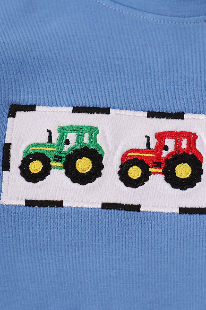 Blue tractor embroidery gingham pants set