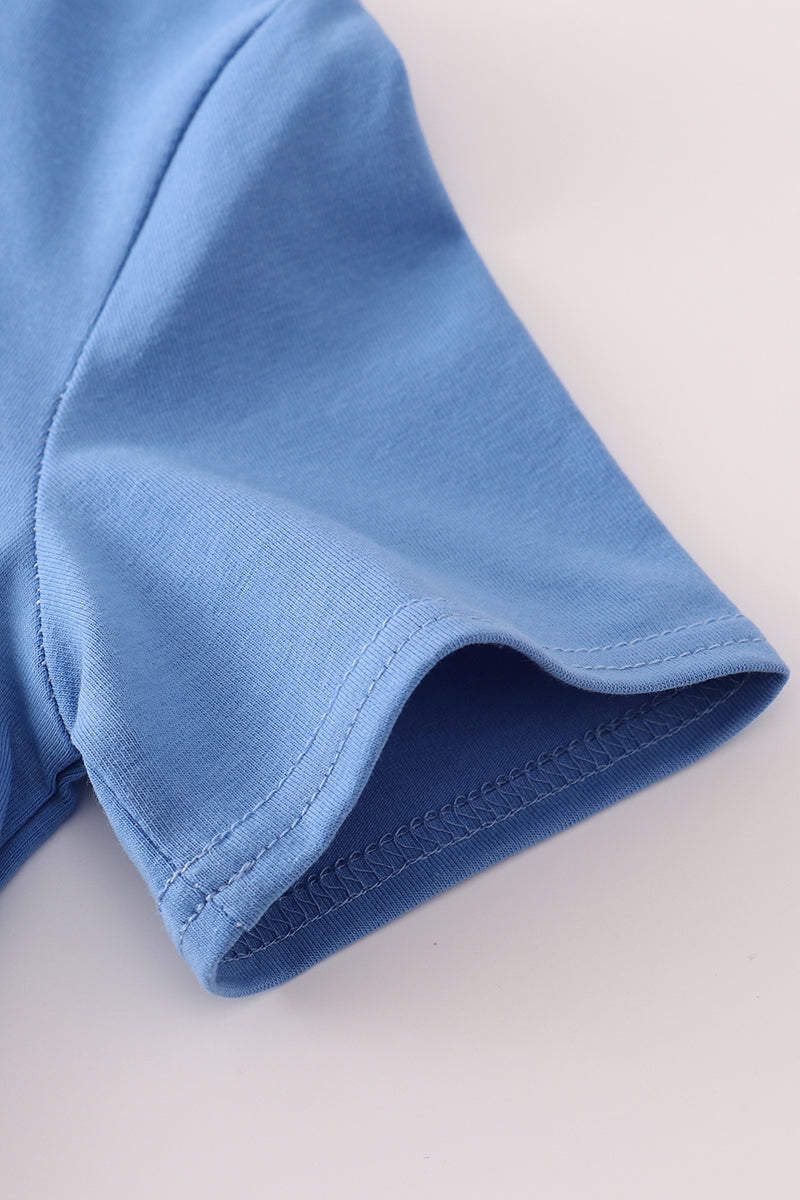 Blue tractor embroidery gingham pants set