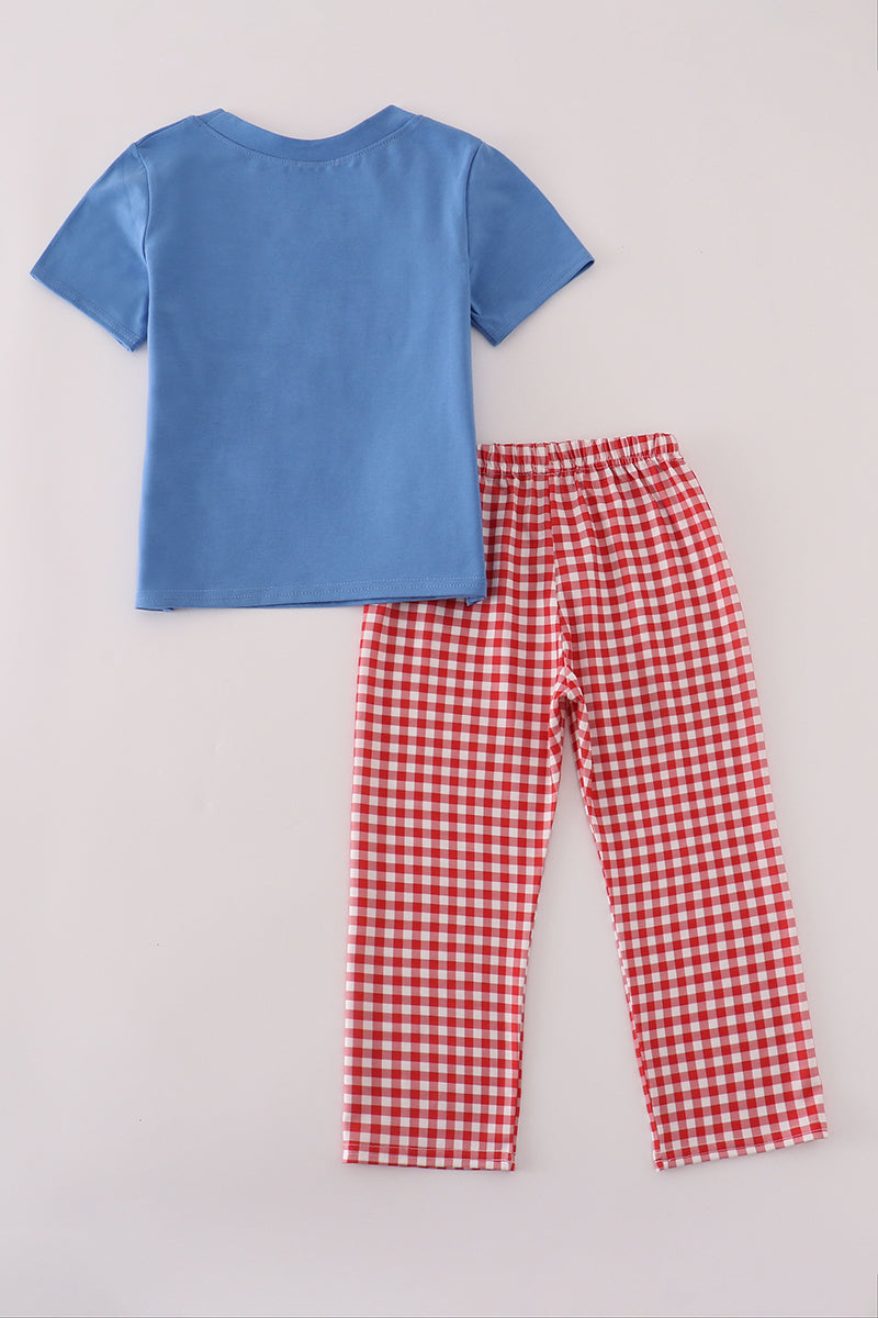 Blue tractor embroidery gingham pants set