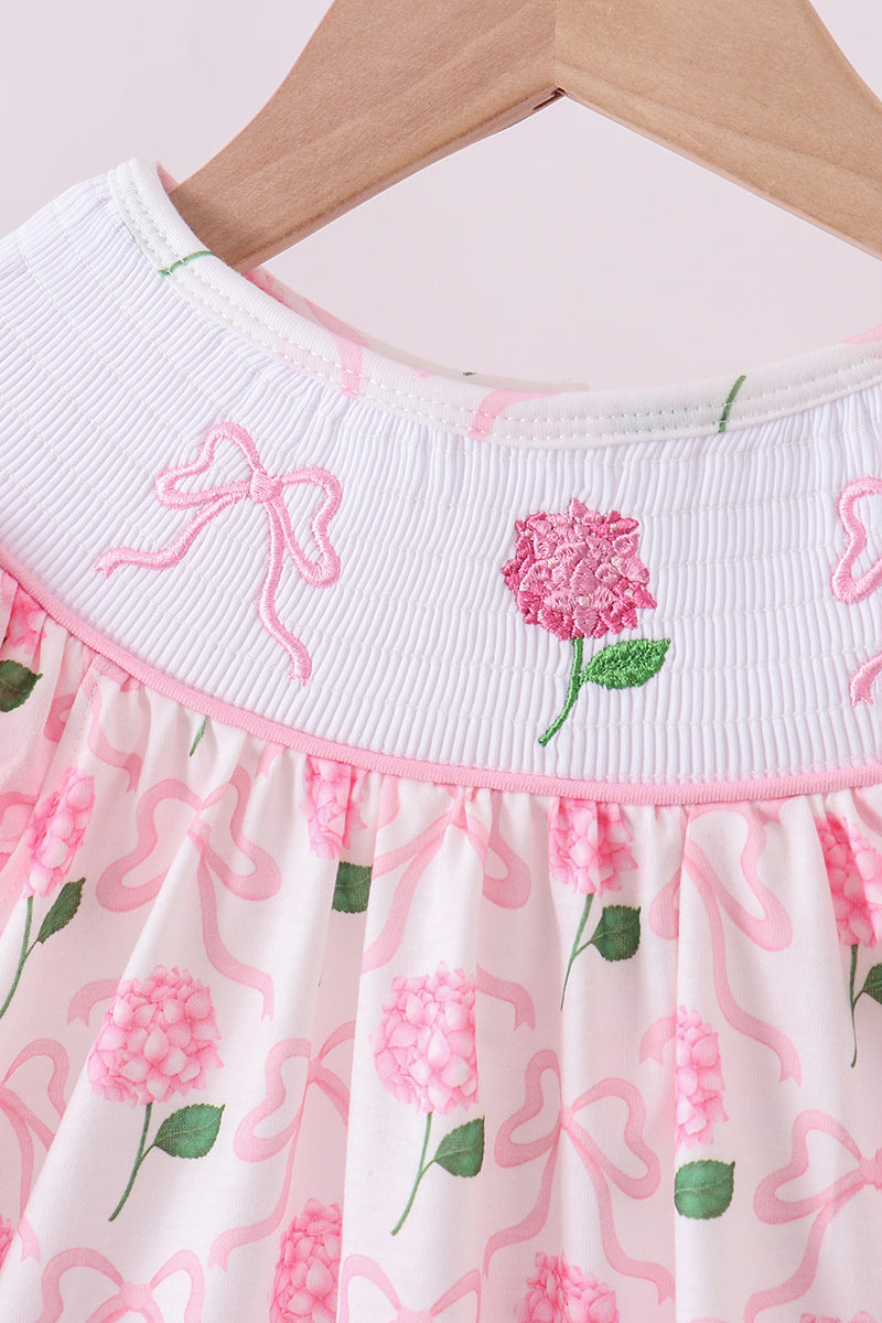 Pink bow hydrangea smocked shorts set