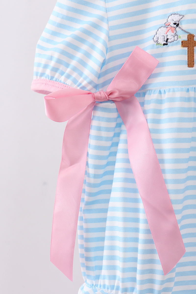 Blue cross embroidery ruffle stripe bubble