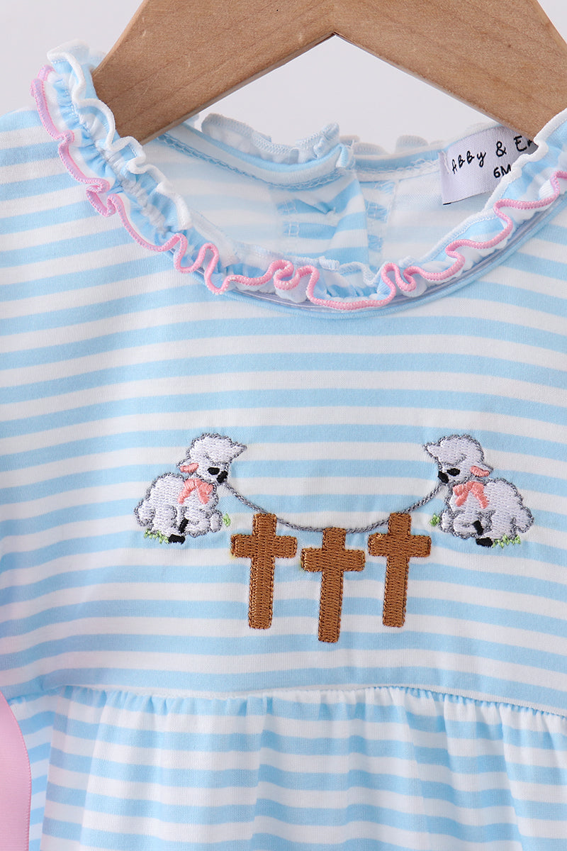 Blue cross embroidery ruffle stripe bubble