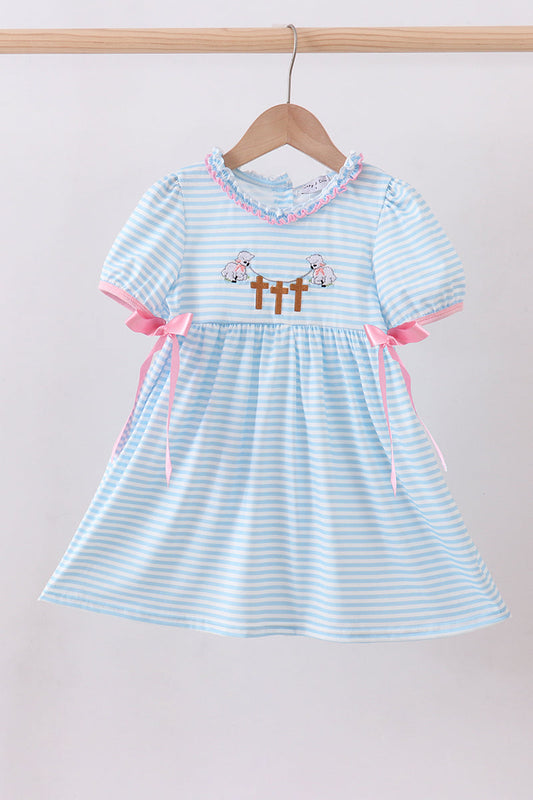 Blue cross embroidery ruffle stripe dress