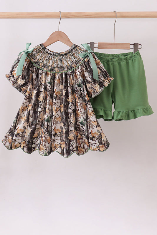 Camouflage smocked bow ruffle shorts set