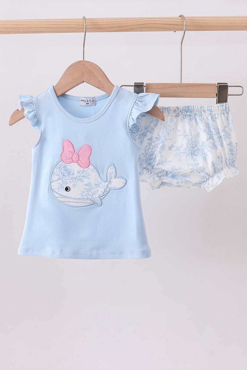 Blue whale applique ruffle bloomer set