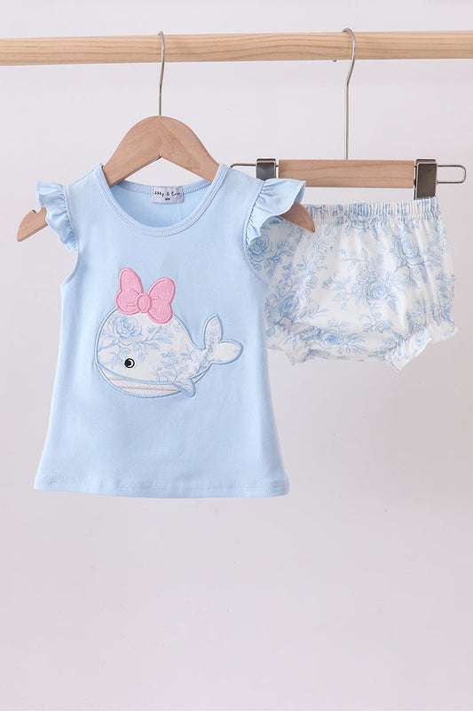 Blue whale applique ruffle bloomer set