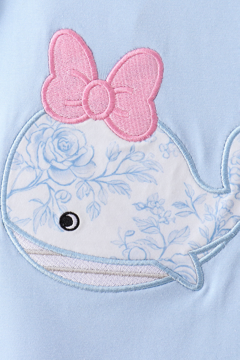 Blue whale applique ruffle bloomer set