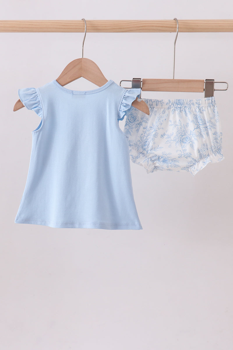 Blue whale applique ruffle bloomer set
