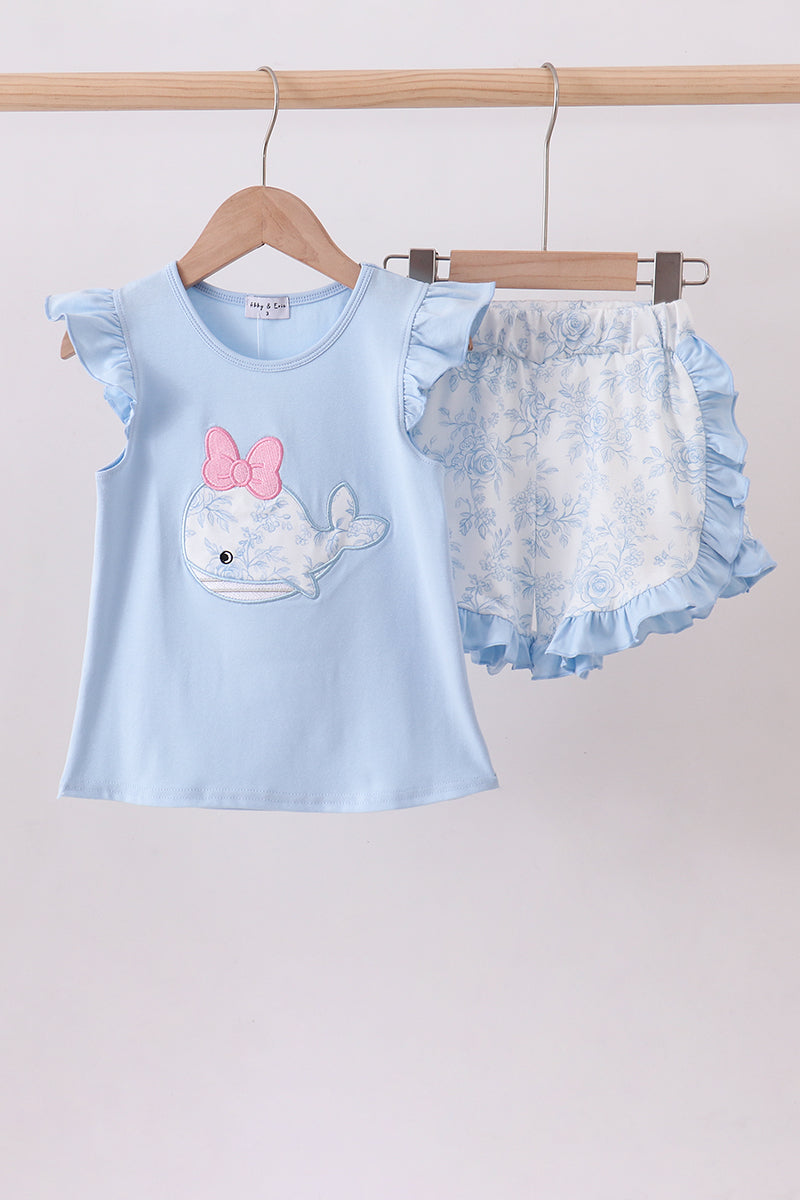 Blue whale applique ruffle shorts set
