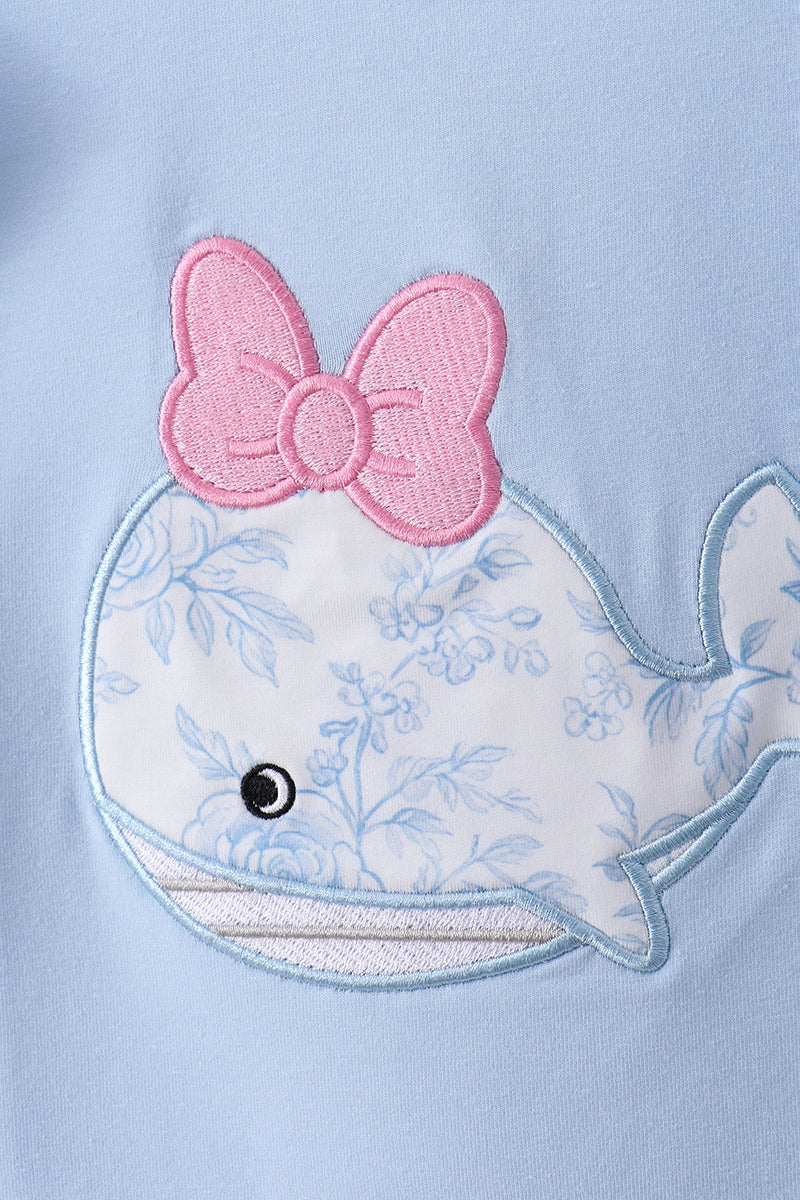 Blue whale applique ruffle shorts set