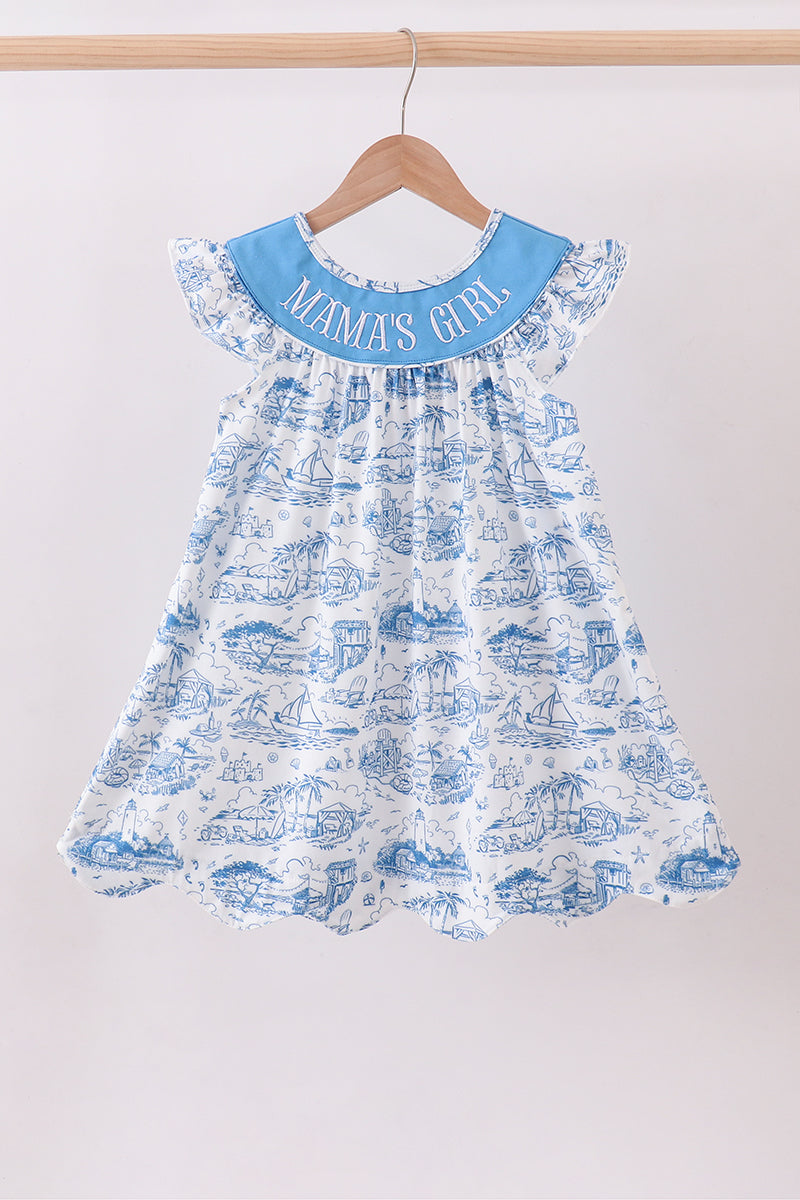 Blue mama's girl embroidery ruffle dress