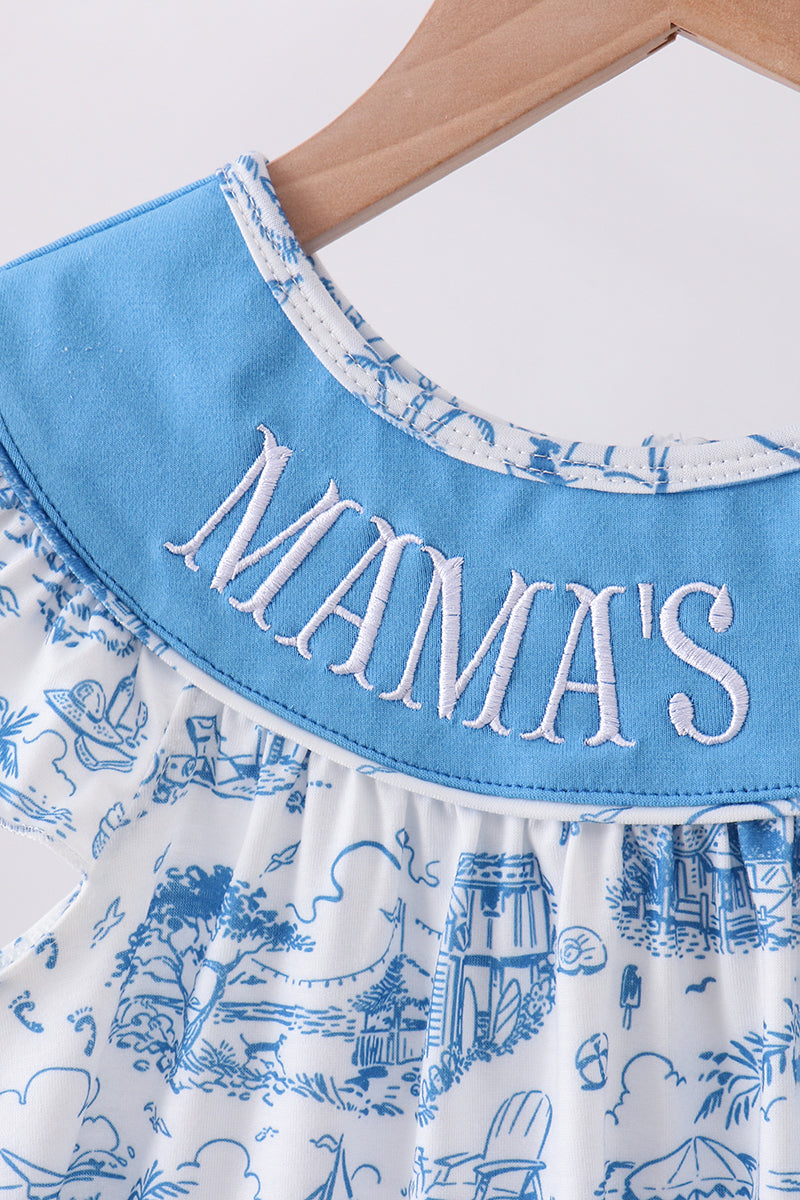 Blue mama's girl embroidery ruffle dress