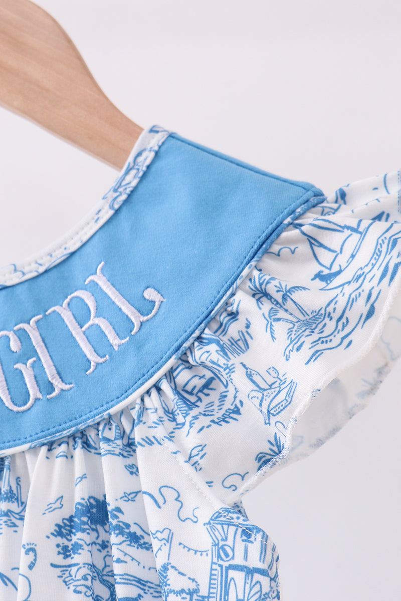 Blue mama's girl embroidery ruffle dress