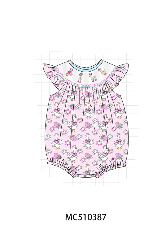 Pink goose floral smocked ruffle bubble