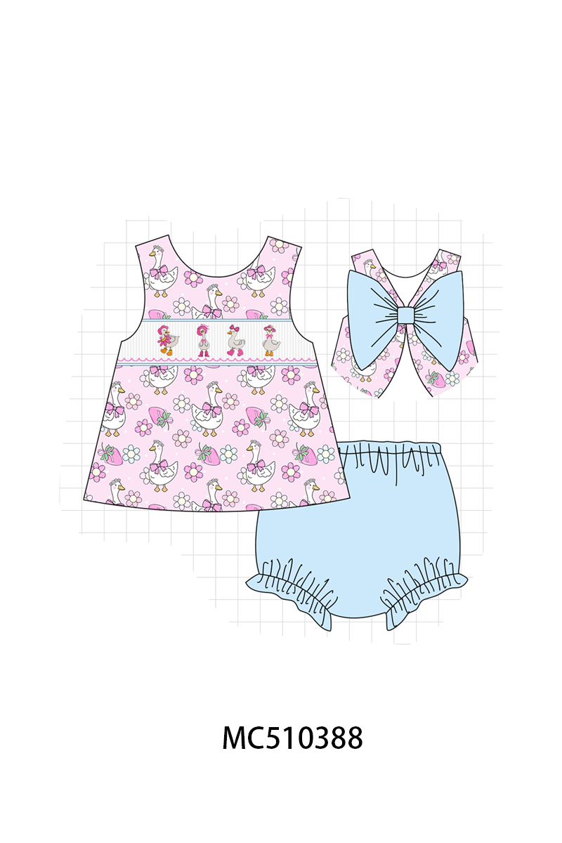 Pink goose floral smocked bow bloomer set