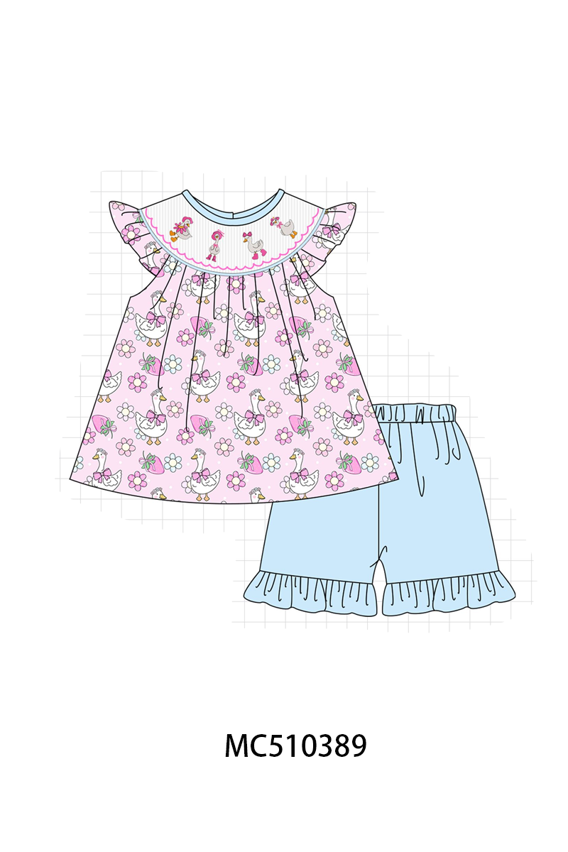 Pink goose floral smocked ruffle shorts set