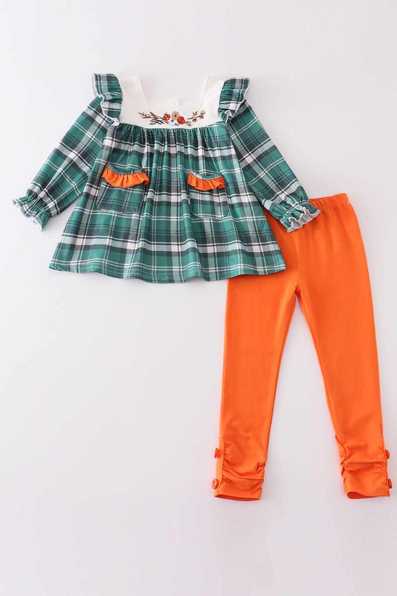 Green plaid floral applique pocket girl set