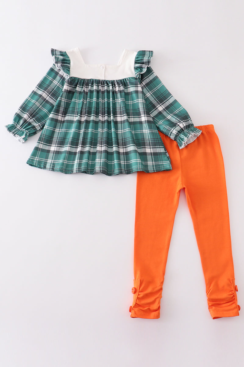 Green plaid floral applique pocket girl set