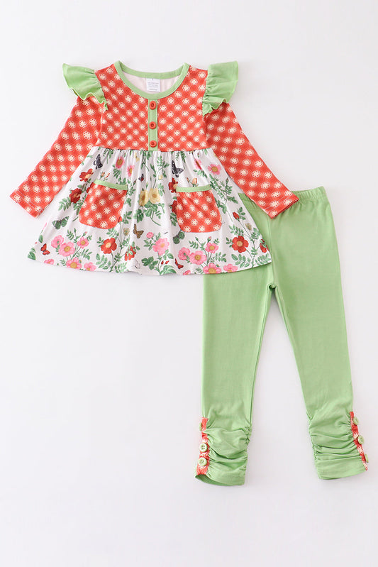 Orange plaid floral print ruffle girl set