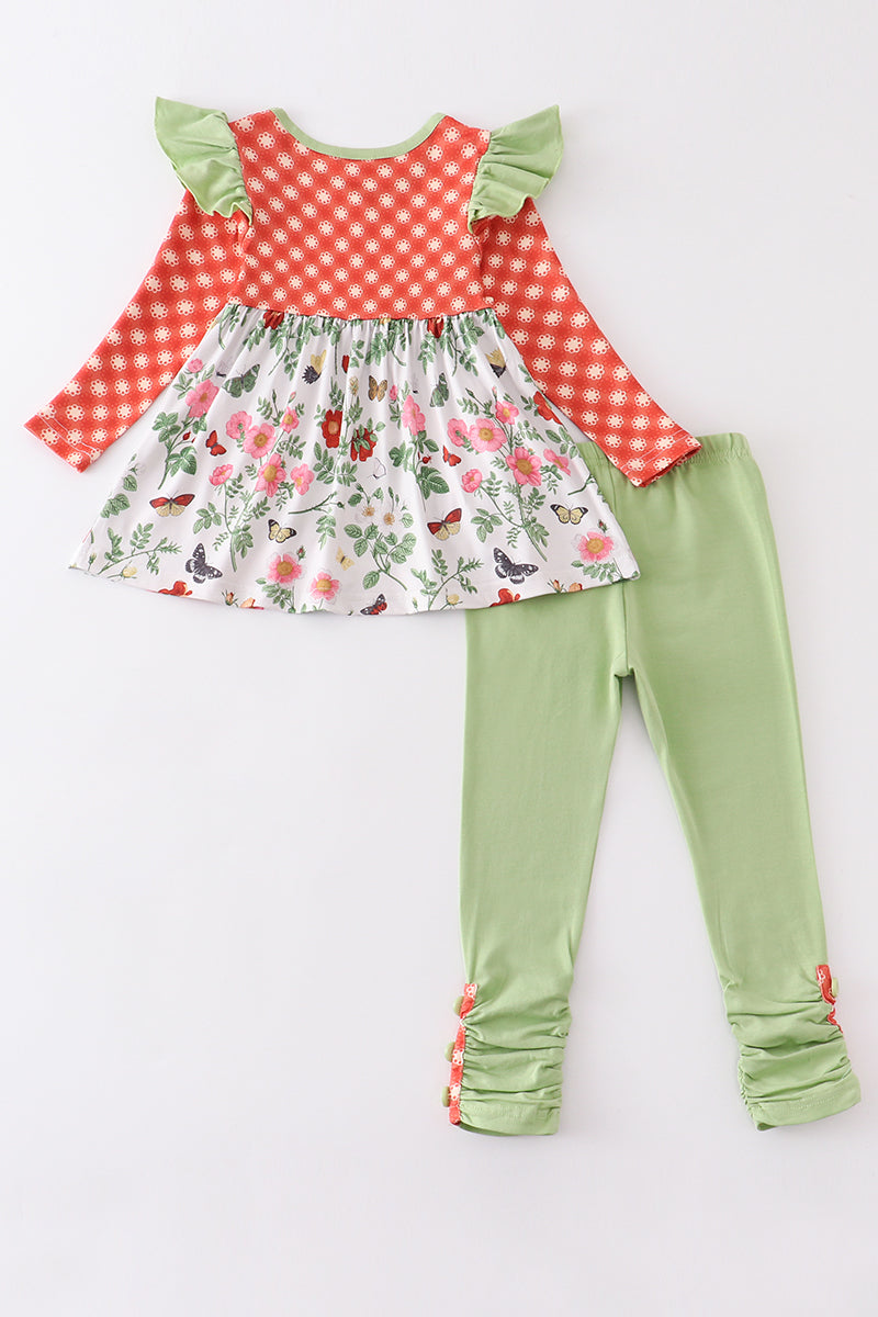 Orange plaid floral print ruffle girl set