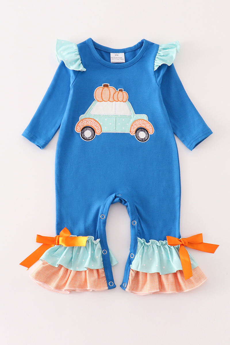 Navy pumpkin car applique ruffle baby romper