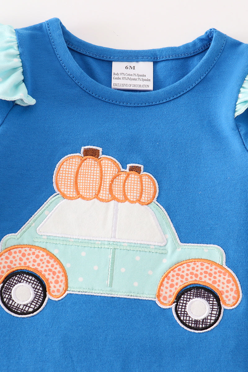 Navy pumpkin car applique ruffle baby romper