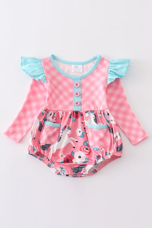 Pink plaid floral print ruffle baby romper