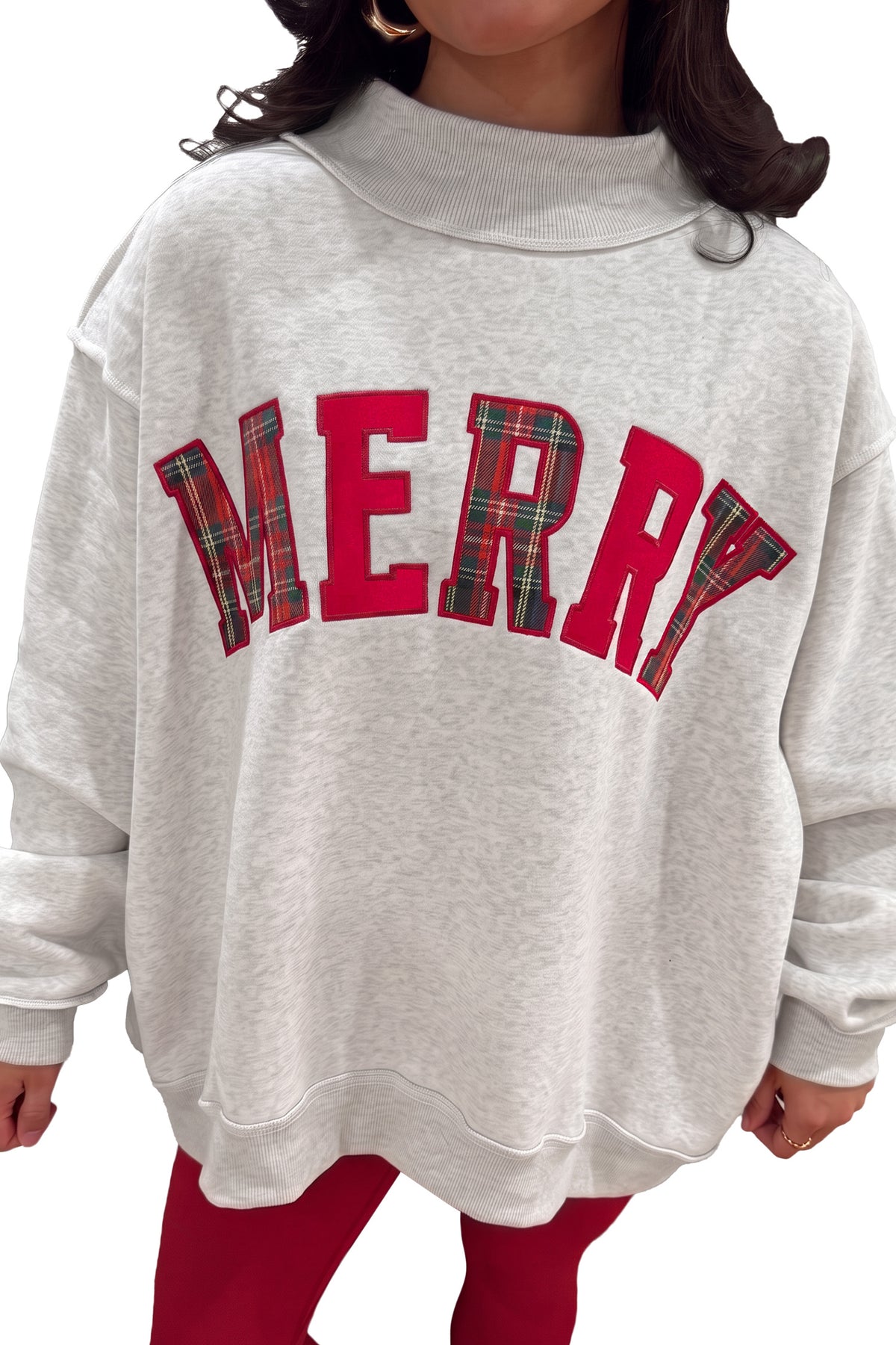 Fiery Red MERRY Embroidered Letter High Neck Tunic Pullover Sweatshirt