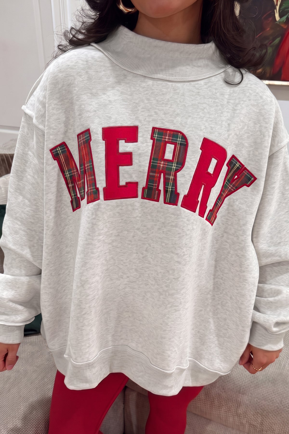 Fiery Red MERRY Embroidered Letter High Neck Tunic Pullover Sweatshirt