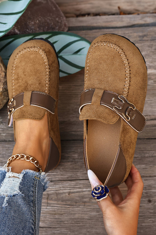 Khaki Faux Suede PU Leather Patchwork Retro Buckle Slip On Shoes by
