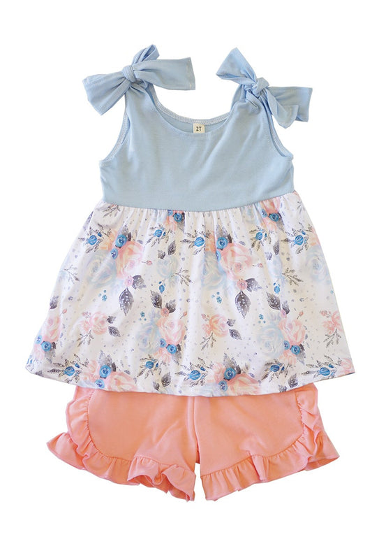 Blue floral bow shorts set