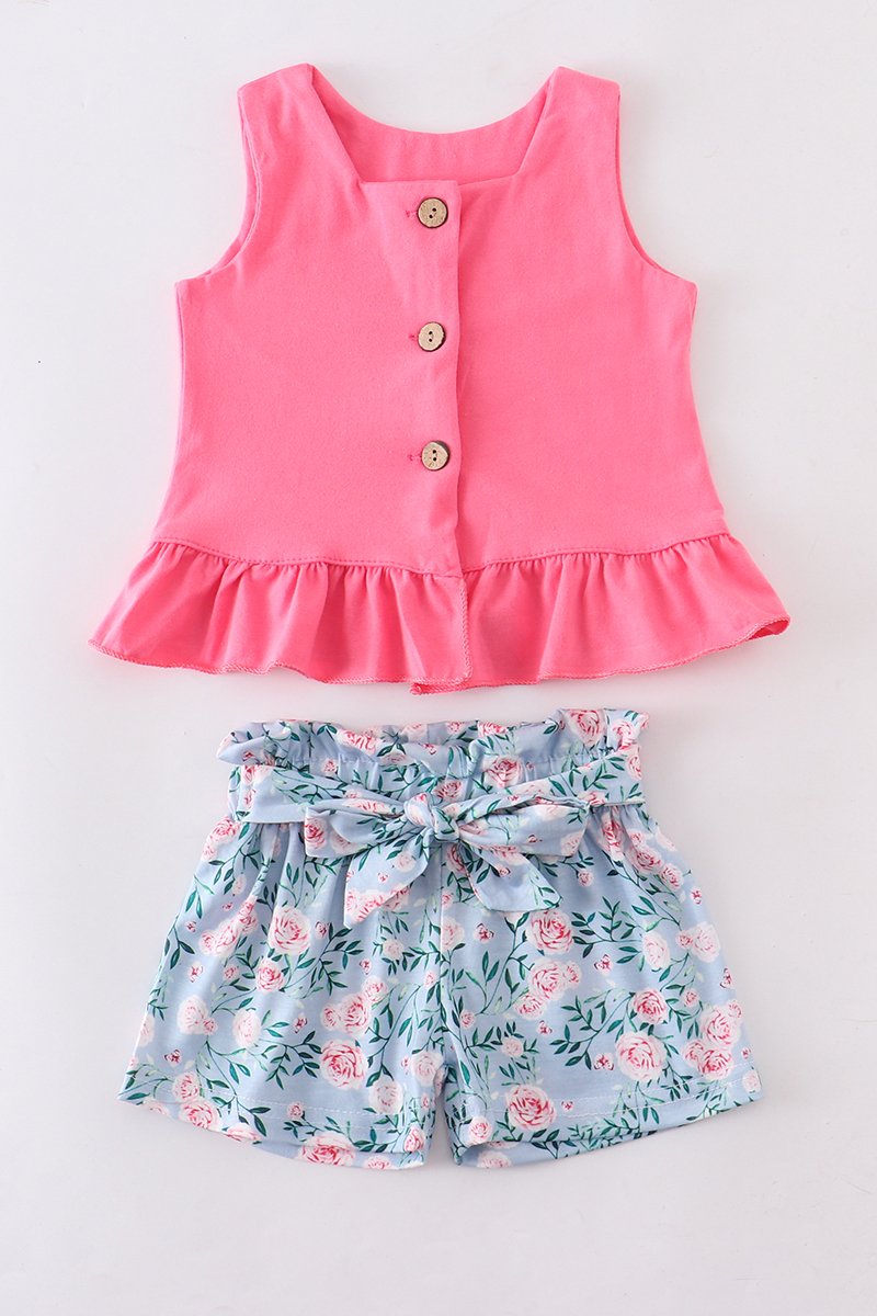 Pink grey ruffle shorts set