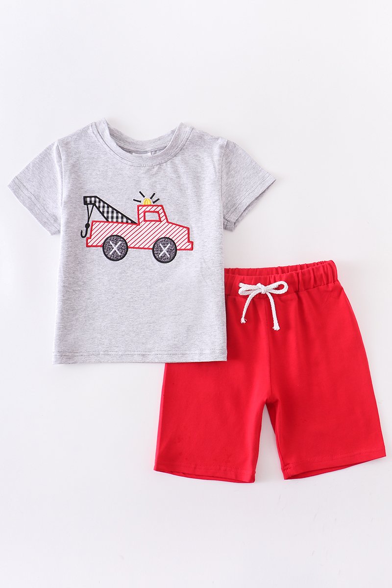 Fire engine applique shorts set