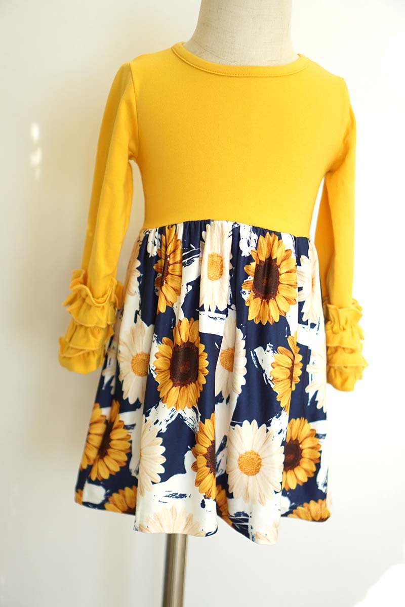 Mustard sunflower print icing sleeve dress CXQZ-503925 sale