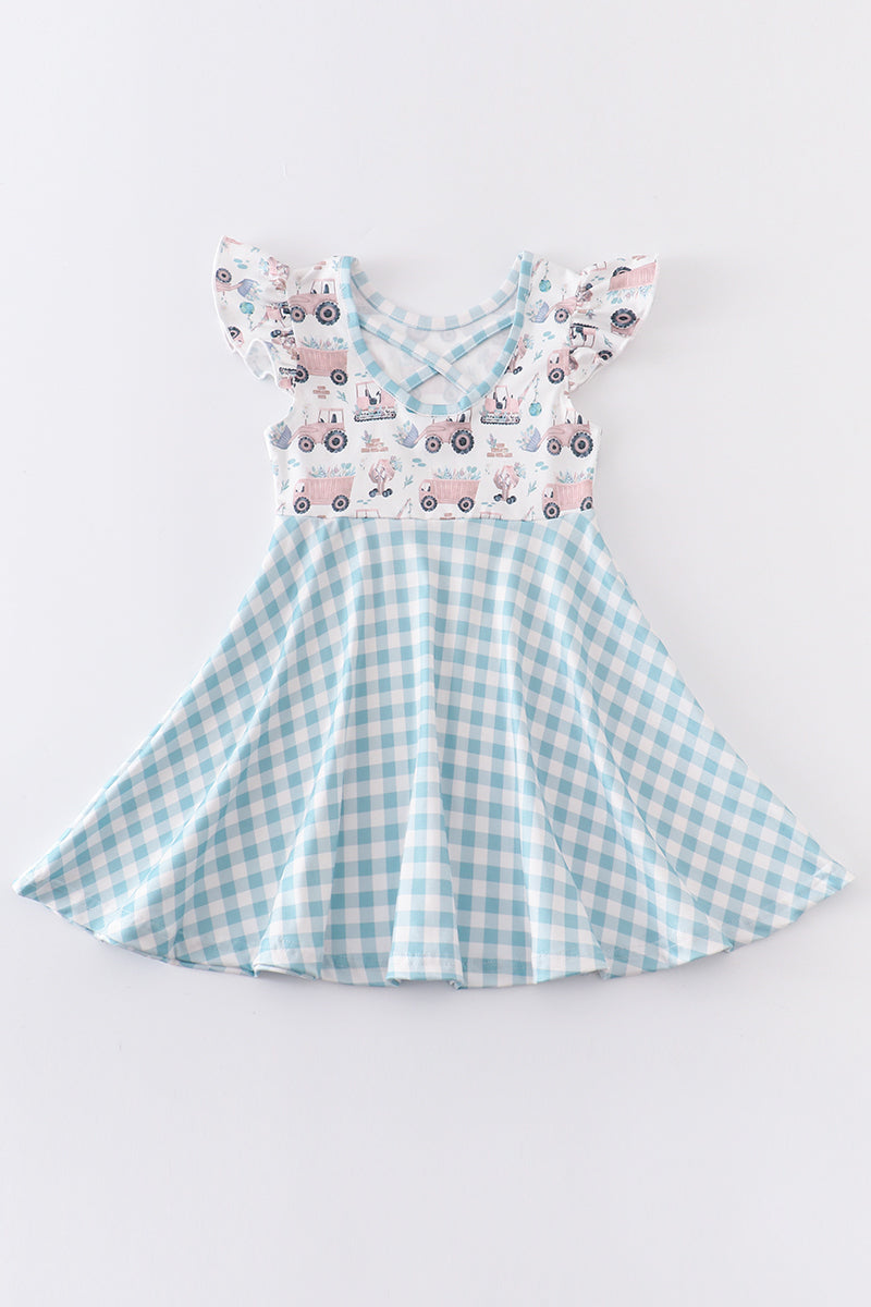 Blue plaid excavator print ruffle dress